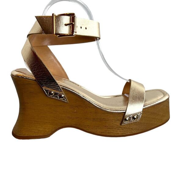 SCHUTZ Lansy Buckle Ankle Strap Wooden-sole Platform Sandals in Gold Size 9.5 - Picture 2 of 13